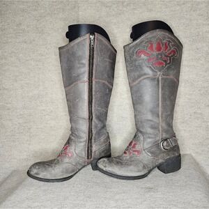 Born Leather Cowboy Boots Sz 8 Gray w/ Red Cutouts & Stiching Striking!